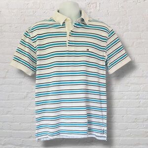 Tommy Hilfiger Men’s Large Striped Polo Shirt White Blue Teal Classic Fit